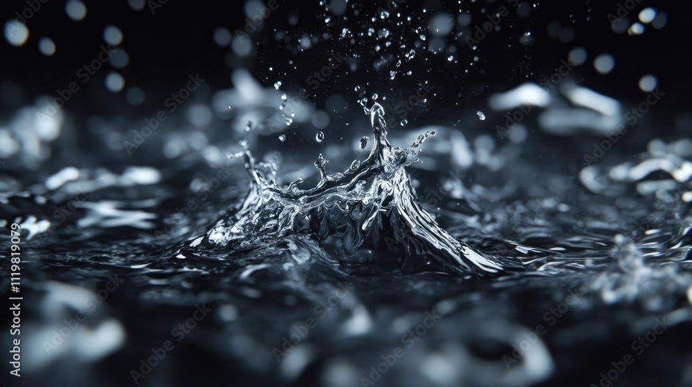 Poster dynamic close-up of a water splash with droplets on a dark background showcasing fluid motion and te