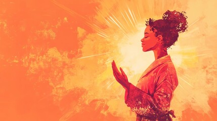 A young woman with her hands raised in prayer, bathed in warm, golden light, with a cloud-filled sky behind her, as if receiving a blessing from the heavens.