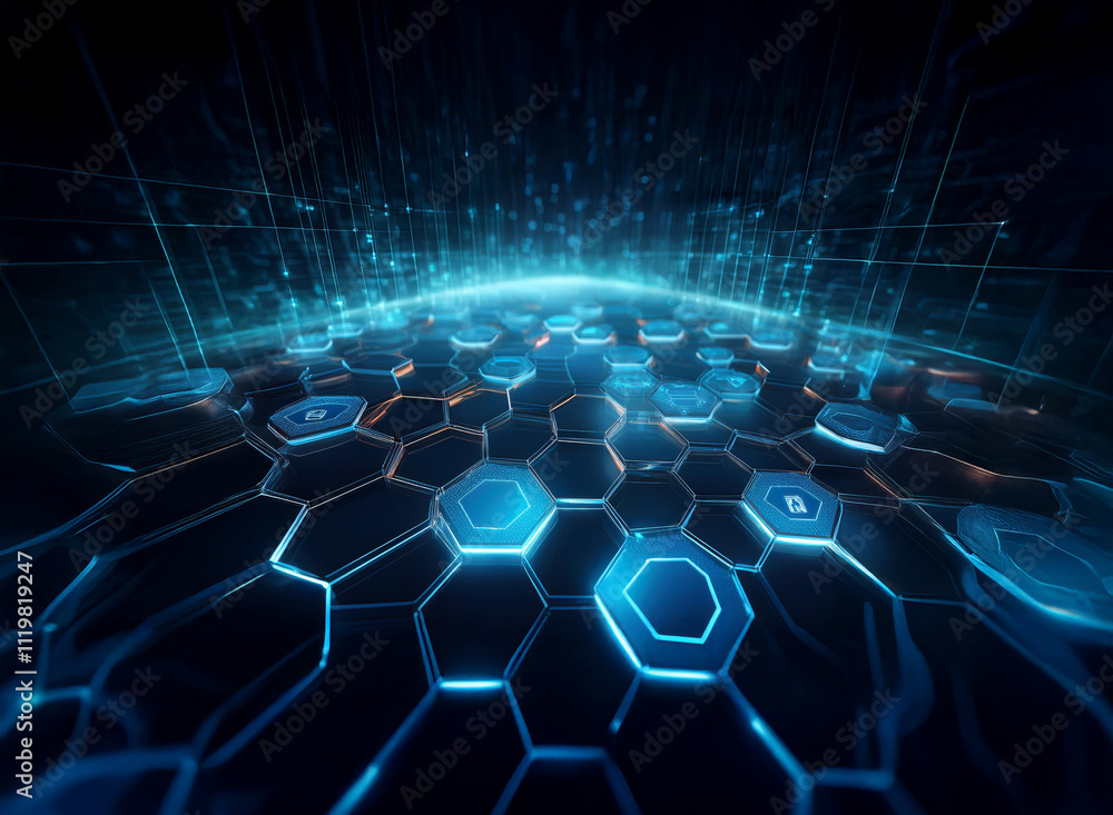 Leinwandbilder abstract digital artwork depicting a futuristic, glowing hexagonal grid on a dark background. the he