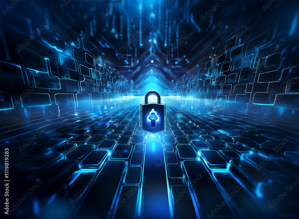 Poster a glowing blue digital tunnel leads to a central padlock, symbolizing cybersecurity and data protect