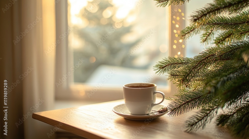 Poster cozy scandinavian winter scene with coffee on table and pine branches creating a serene atmosphere i