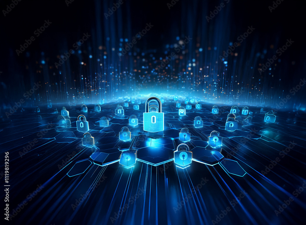 Aufkleber Abstract digital landscape with glowing blue padlocks on a hexagonal grid, representing cybersecurity and data protection.  The scene evokes a sense of technological security and network protection.