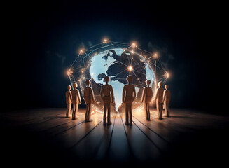 A group of figures stands before a glowing, interconnected global network, symbolizing global collaboration and digital connectivity.  The scene evokes a sense of unity and shared purpose in a technol