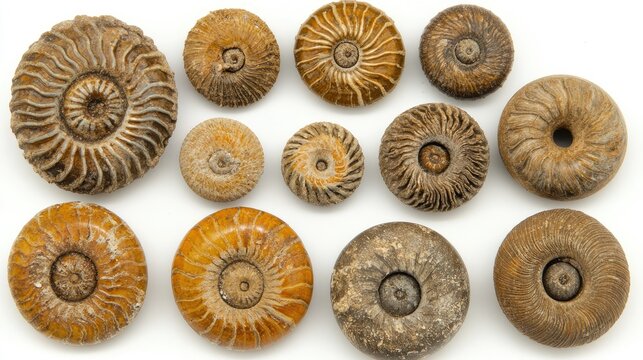 Ammonite and Goniatite Fossils Displayed on White Background Vintage Natural History Collection