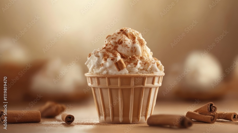 Poster cinnamon ice cream cup in a close up view with decorative cinnamon sticks on a wooden table creating