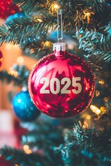 Red New Year's toy balloon with text 2025, new year's tree