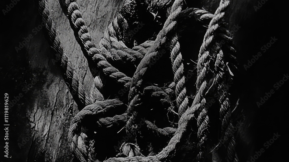 Poster monochrome close-up of intertwined natural ropes showcasing texture and intricate patterns against a