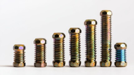 Variety of automotive studs in different sizes and measures displayed on a clean white background for industrial or mechanical use.