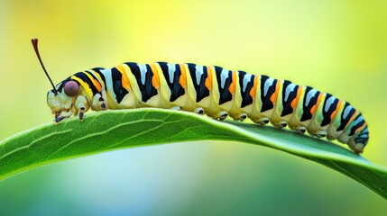 Naklejka premium Colorful caterpillar resting on a vibrant green leaf in a lush tropical setting in Thailand, showcasing nature's beauty and diversity.