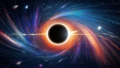 a black hole with a glowing constellation of various colors revolves around a black hole in the universe