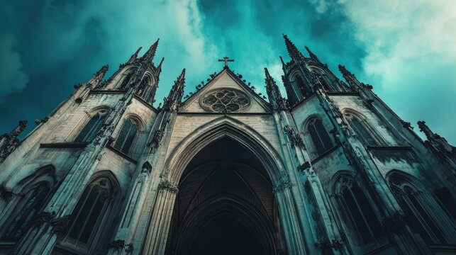 Majestic cathedral architecture in capital city with dramatic blue sky backdrop showcasing intricate details and gothic design elements