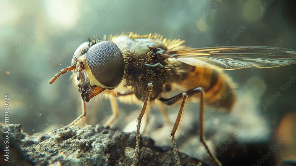 Poster detailed macro shot of a hoverfly displaying intricate features and textures in its natural habitat.