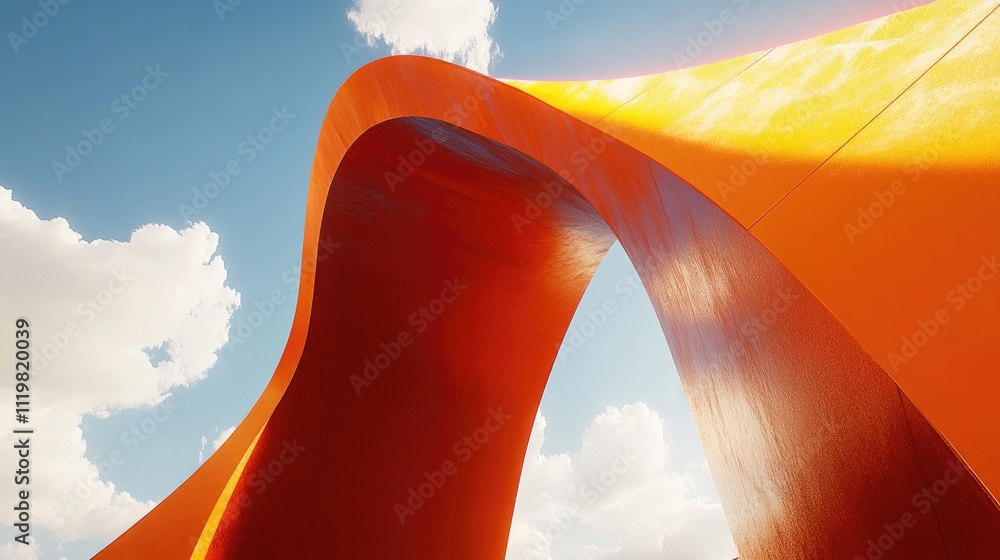 Poster vibrant orange structural arch under a blue sky creating a striking visual at an observation deck wi
