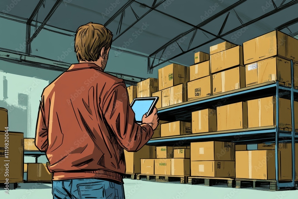 Poster warehouse worker using tablet to manage inventory with stacked boxes in background highlighting effi