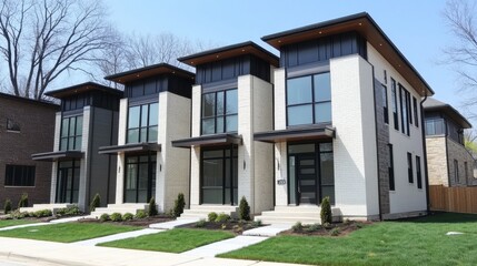 Modern Architectural Design of Three Contemporary Townhouses with Clean Lines and Large Windows Surrounded by Landscaping in a Residential Neighborhood