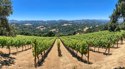Vast vineyard landscape with rolling hills under a clear blue sky showcasing nature's beauty and agricultural serenity
