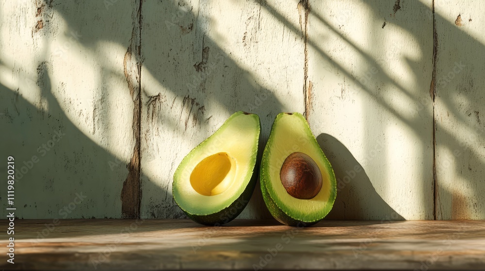 Poster halved avocado on rustic wooden surface with natural light and shadows creating an inviting food com