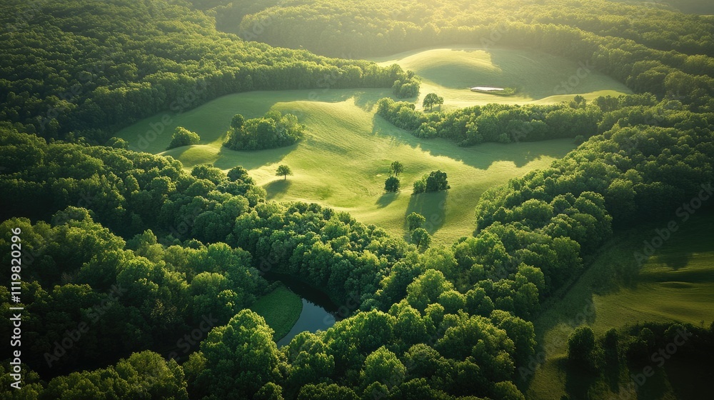 Poster aerial view of lush green fields and serene forests showcasing beautiful patterns and textures of na