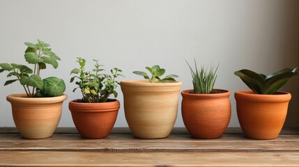 Fototapeta premium Ceramic and terracotta plant pots with various greenery on wooden surface in natural light