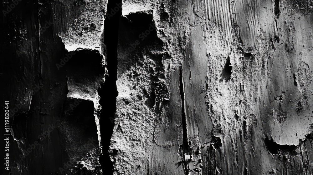 Poster close up of a weathered concrete surface displaying rough textures and contrasting black stains capt