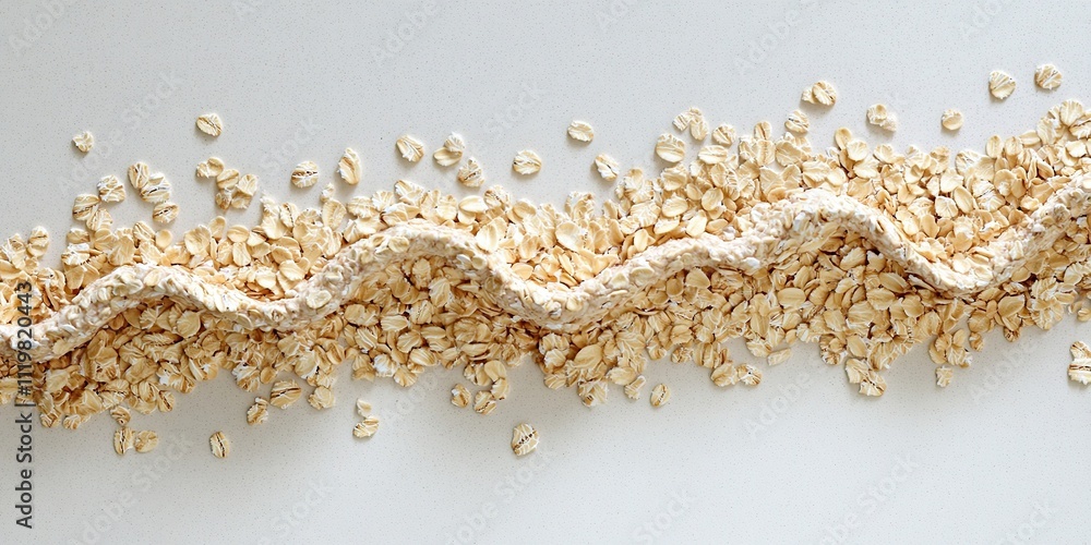 Poster flat lay of rolled oats arranged in creative wave pattern on matte white surface under bright studio