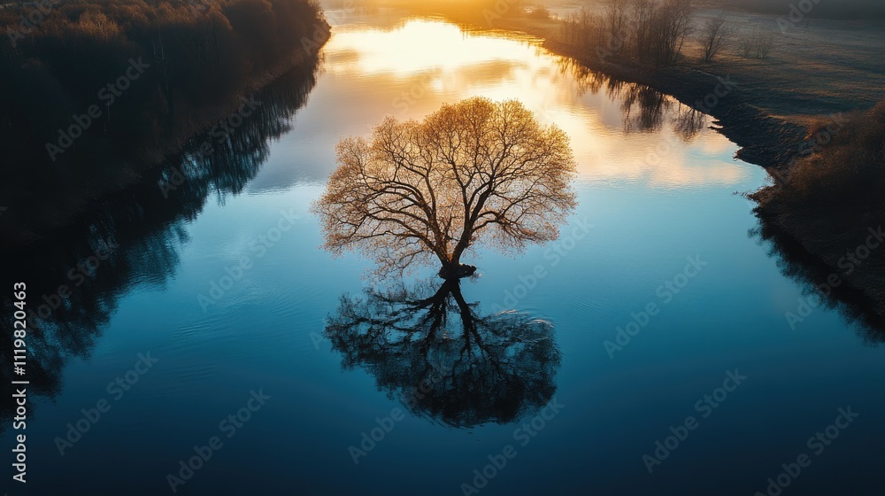 Poster aerial view of serene river at sunset with a lone submerged tree creating a stunning reflection in t