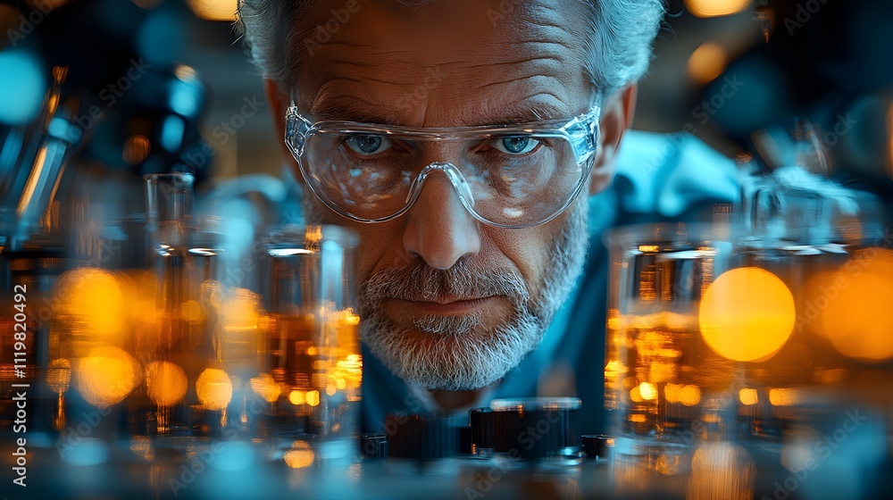 Poster focused scientist examining chemical substances in a lab with a serious expression.