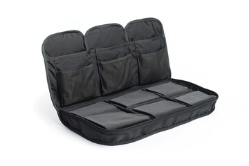 Naklejka premium foldable car backseat organizer with multiple storage pockets and durable black finish isolated on white