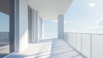 Obraz premium Bright airy balcony with panoramic windows in modern high-rise building featuring minimalist design and abundant natural light.