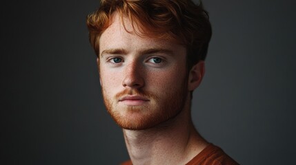 Fototapeta premium Candid portrait of a young man with red hair and freckles against a dark backdrop showcasing confidence and contemplation