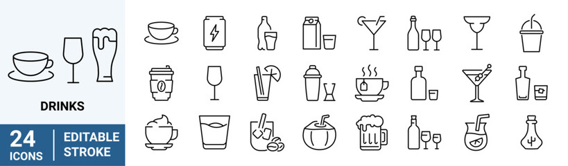 Drinks web icons in line style. Coffee, tea, soda, beer, alcohol, coctail, energy, wine, collection. Vector illustration
