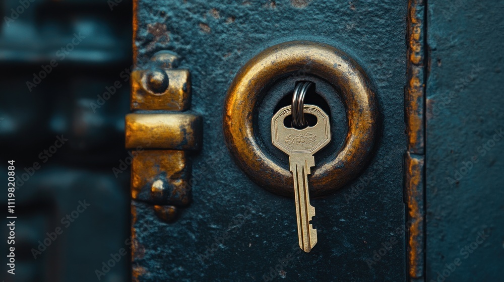 Poster a close-up of a key inserted into a circular lock, showcasing texture and detail.