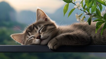 A close-up of a cat peacefully sleeping on a windowsill, bathed in soft natural light with a view of a blooming garden outside, Ultra-Realistic, Photo Realistic, highly detailed,