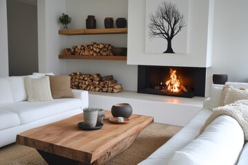 Fototapeta premium Modern minimalist living room cozy fireplace white sectional sofa