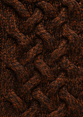 Texture of smooth knitted dark sweater with pattern. Top view, close-up. Handmade knitting wool or cotton fabric texture. Background of knitting patterns with a vertical large Braid Cable.
