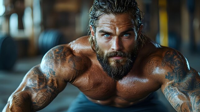 Muscular man with tattoos focusing intensely during workout in gym.