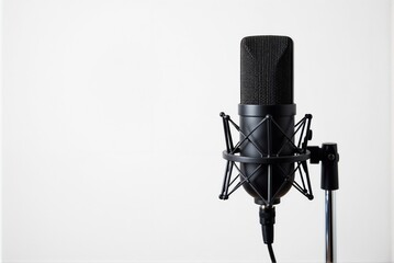 Close up view of a microphone on a stand against a white background