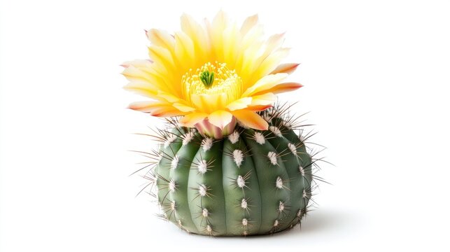 Astrophytum Asterias cactus with vibrant yellow bloom against a clean white background showcasing its unique texture and beauty.