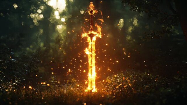 A fiery biblical sword burning with mighty force, guarding the Garden of Eden by God's command, a powerful weapon from the Bible, protecting the Garden of Eden.