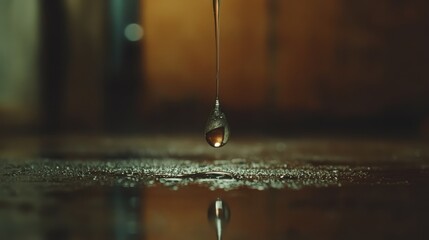 Droplet of water falling from a leaky faucet creating ripples on a wet surface in a dimly lit environment
