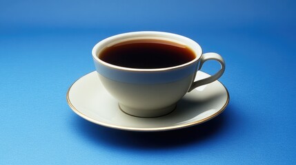 Obraz premium Elegant cup of black coffee on a white saucer with a vibrant blue background showcasing the beverage's rich color and inviting aura