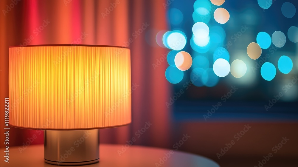 Poster warm glowing lamp with colorful bokeh background creating a cozy and inviting atmosphere for interio