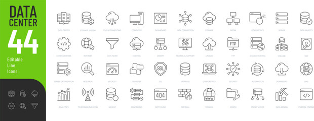 Data Center Line Editable Icons set. Vector illustration in modern thin line style of technology related icons: server, hosting, technical support, and more. Pictograms and infographics.