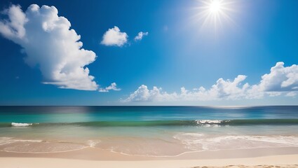 Obraz premium Panoramic photograph of a serene beach with soft beige sand, turquoise ocean waves, and a clear blue sky dotted with white clouds under the radiant sun.