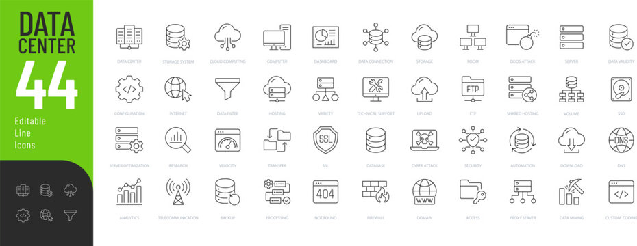 Data Center Line Editable Icons set. Vector illustration in modern thin line style of technology related icons: server, hosting, technical support, and more. Pictograms and infographics.