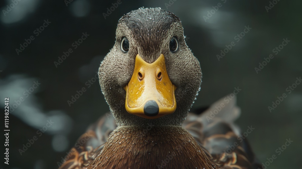 Poster serene close-up of a duck with yellow beak and brown feathers creating a calm and peaceful atmospher