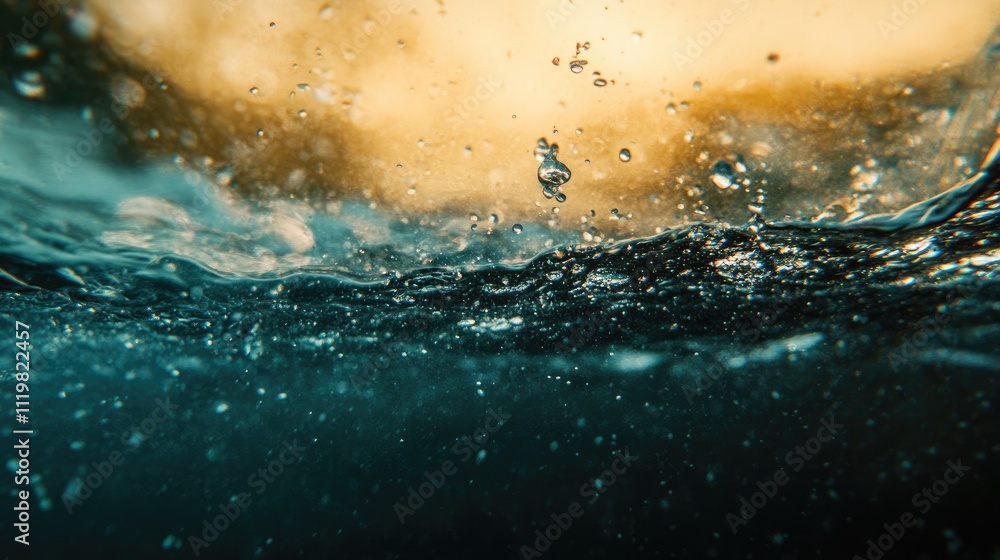 Poster transparent blue water surface with splashes and bubbles creating dynamic reflections and textures i