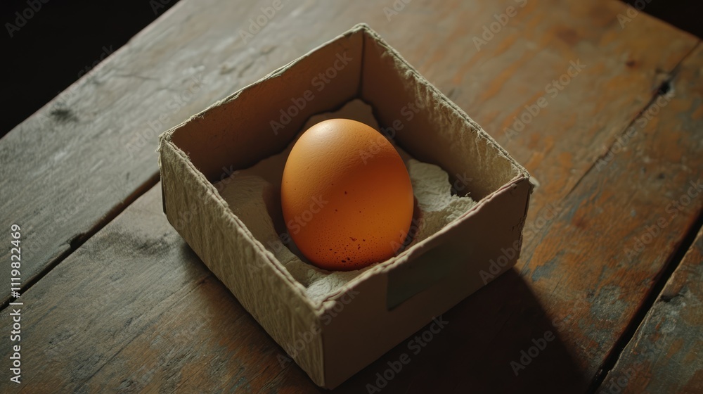 Poster egg placed in a cardboard box on a rustic wooden table with soft padding creating an earthy and natu