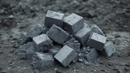 Broken aerated concrete blocks stacked on a construction site showcasing debris and space for text illustrating construction and demolition concepts