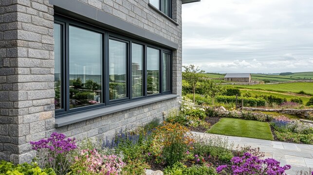 Modern architectural design featuring black framed aluminium windows with vibrant landscaping and scenic background.